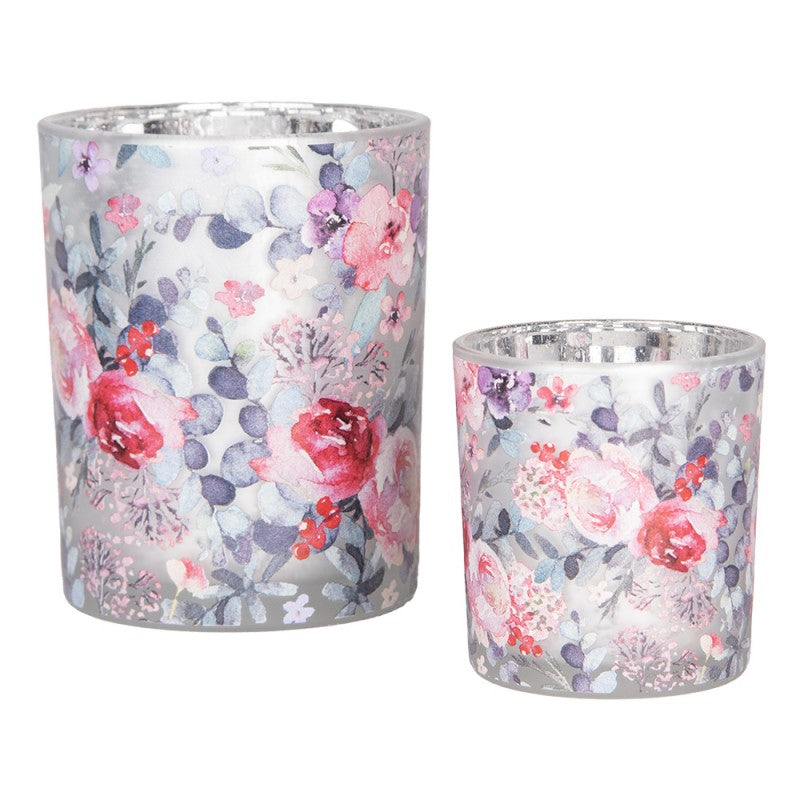 Clayre & Eef Teelichthalter Windlicht 2er-Set Glas Eissilber Bauernsilber Pfingstrosen Eukalyptus Pastellrosa (6GL4970)