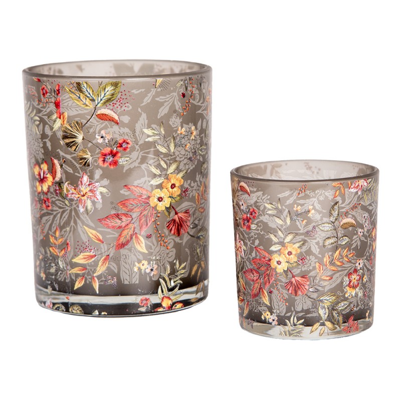 Clayre & Eef Teelichthalter Windlicht 2er-Set Glas Rauchgrau Herbstliches Chintz Floral Ockergelb Rostrot (6GL4976)