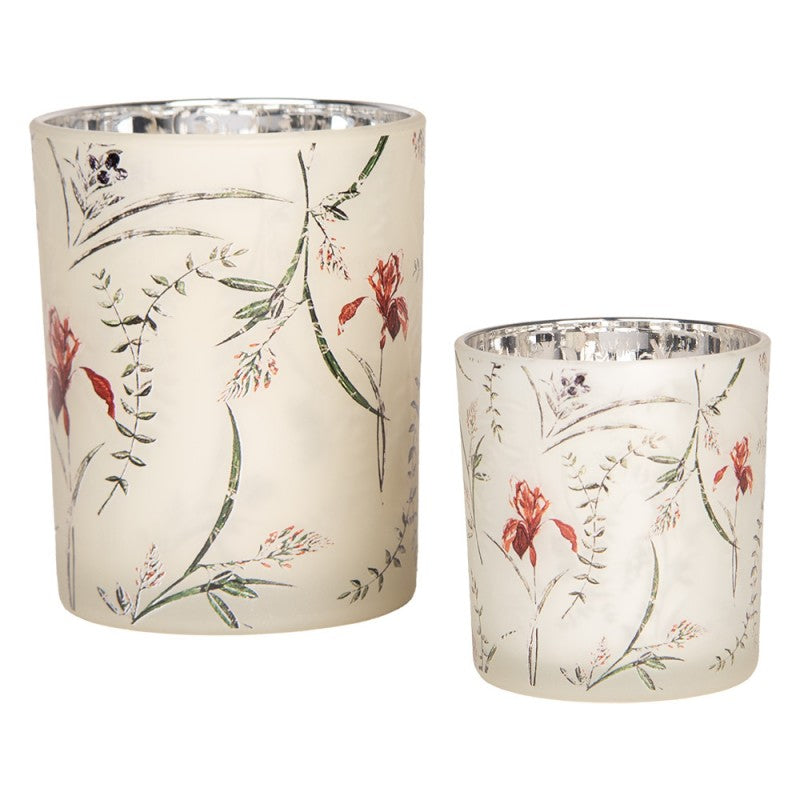 Clayre & Eef Teelichthalter Windlicht 2er-Set Glas Cremebeige Bauernsilber Wildgraeser Iris Herbarium (6GL4978)