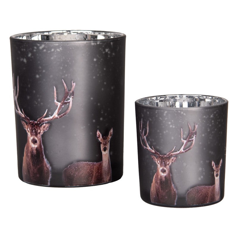 Clayre & Eef Teelichthalter Windlicht 2er-Set Glas Anthrazit Bauernsilber Hirsch Alttier Schneegestoeber (6GL4980)