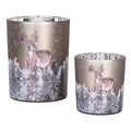 Clayre & Eef Teelichthalter Windlicht 2er-Set Glas Champagnergrau Bauernsilber Hirsch Schneetannen (6GL4984)