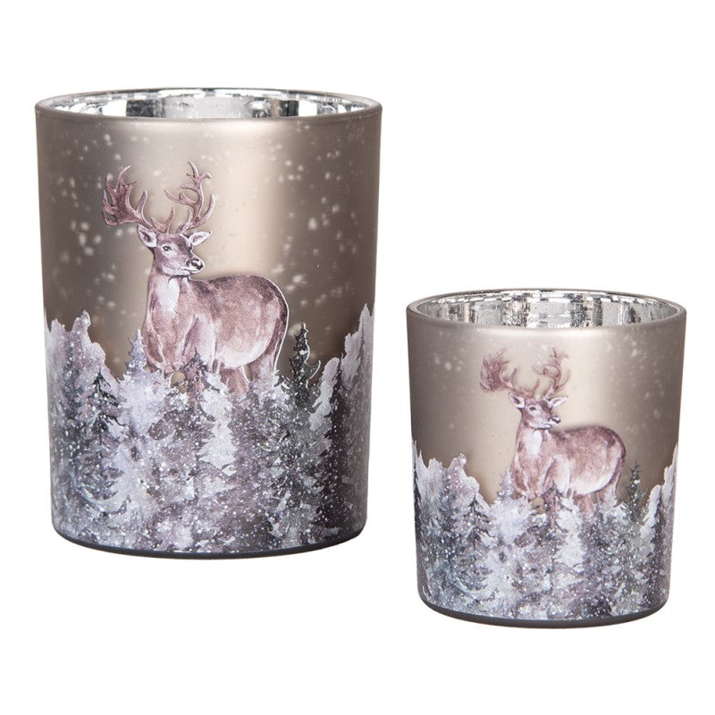 Clayre & Eef Teelichthalter Windlicht 2er-Set Glas Champagnergrau Bauernsilber Hirsch Schneetannen (6GL4984)