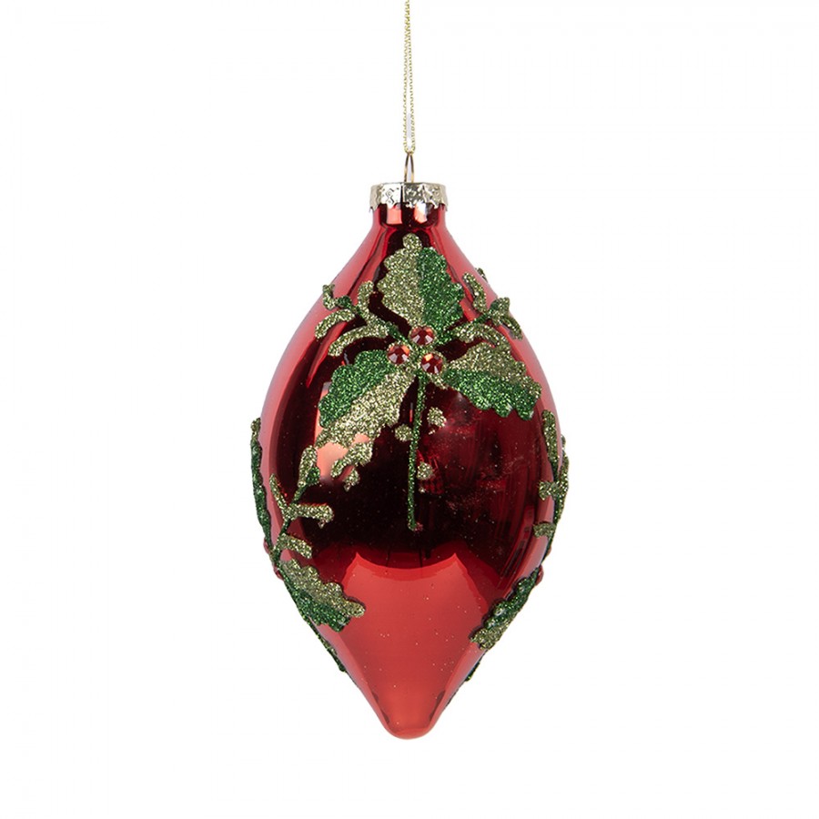 Clayre & Eef Christbaumanhänger „Tropfen Grand“ aus Glas in Rot-Goldfarben reliefiert, Ø 8x15 cm (6GL5108)
