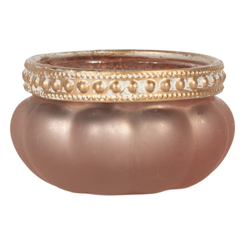 Clayre & Eef Teelichthalter Kürbisform Rosa Frosted Goldener Perlen-Metallrand Ø 6x4 cm (6GL5212)
