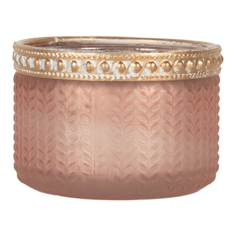 Clayre & Eef Teelichthalter Zylinder Fischgrät Ährenrelief Rosa Frosted Goldrand Ø 7x4 cm (6GL5214)