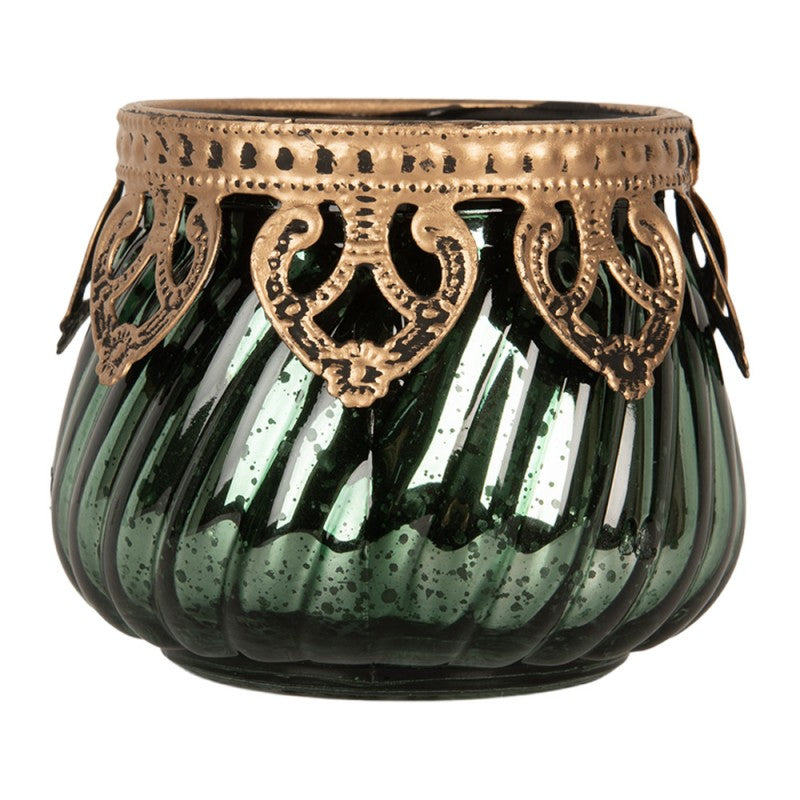 Clayre & Eef Teelichthalter Spiralrippen Grün Bauernsilber Barock Metallkragen Ø 8x7 cm (6GL5222)