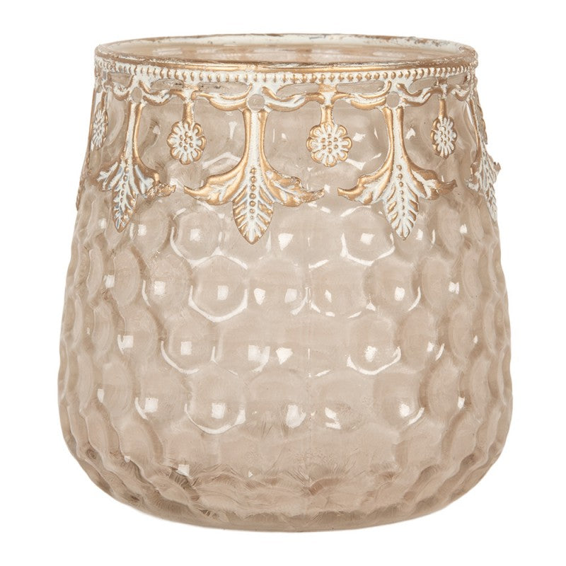 Clayre & Eef Teelichthalter Windlichtglas Wabenrelief Altrosa Rosé Barockkragen Antikgold Shabby Chic Ø 10x10 cm (6GL5225)