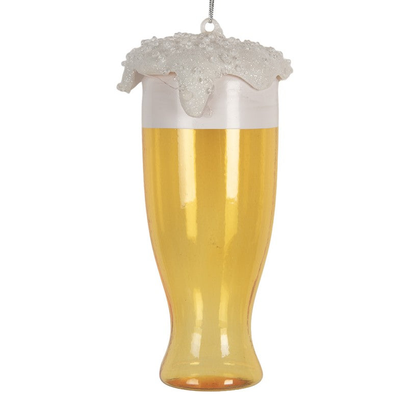 Weihnachtsanhänger Bierglas Glas mit Schaumkrone Glitzer Gelb Weiß Ø 7x14 cm von Clayre & Eef (6GL5238)