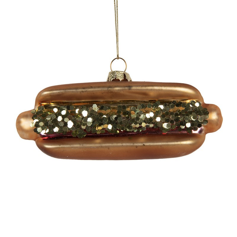 Weihnachtsanhänger Hot Dog Fast Food mit Glitzer-Topping Glas Braun Rot 13x4x6 cm von Clayre & Eef (6GL5240)