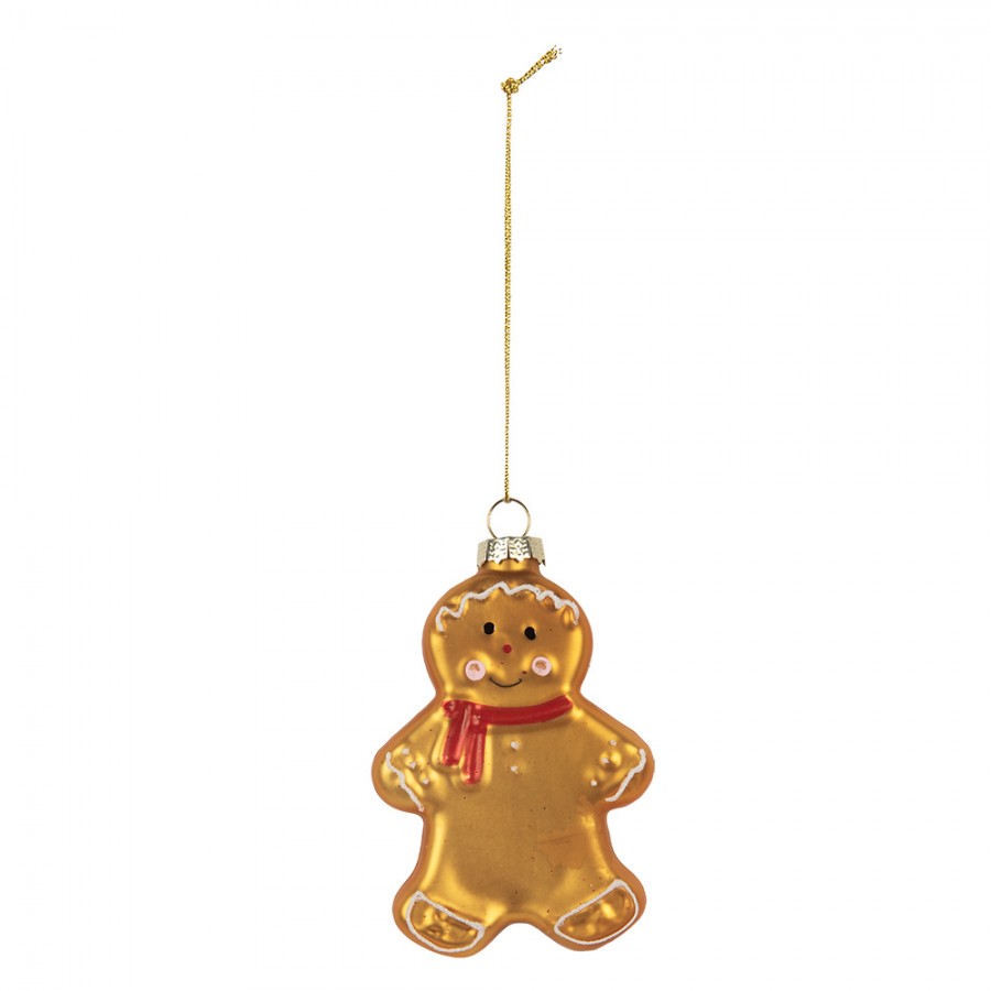 Weihnachtsanhänger Pfefferkuchenmann Lebkuchenmann Glas Braun Rot Weiß 6x2x10 cm von Clayre & Eef (6GL5241)
