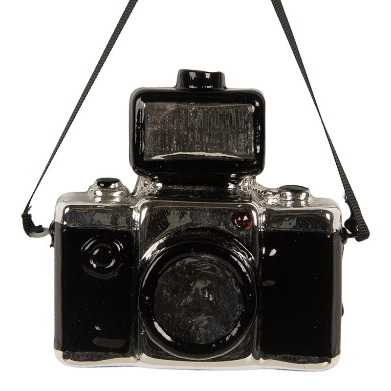 Weihnachtsanhänger Fotoapparat Retro Kamera mit Blitz Glas Schwarz Silber 9x5x9 cm von Clayre & Eef (6GL5242)