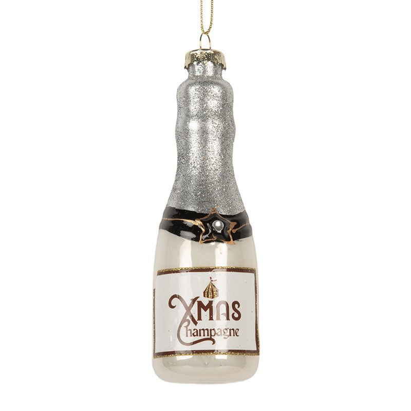 Weihnachtsanhänger Champagnerflasche X-Mas Glas Weiß Silber Glitzer Ø 4x13 cm von Clayre & Eef (6GL5248)