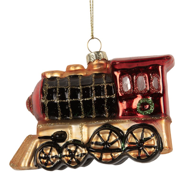 Weihnachtsanhänger Zug Dampflokomotive mit Weihnachtskranz Glas Rot Gold Schwarz 10x5x6 cm von Clayre & Eef (6GL5249)
