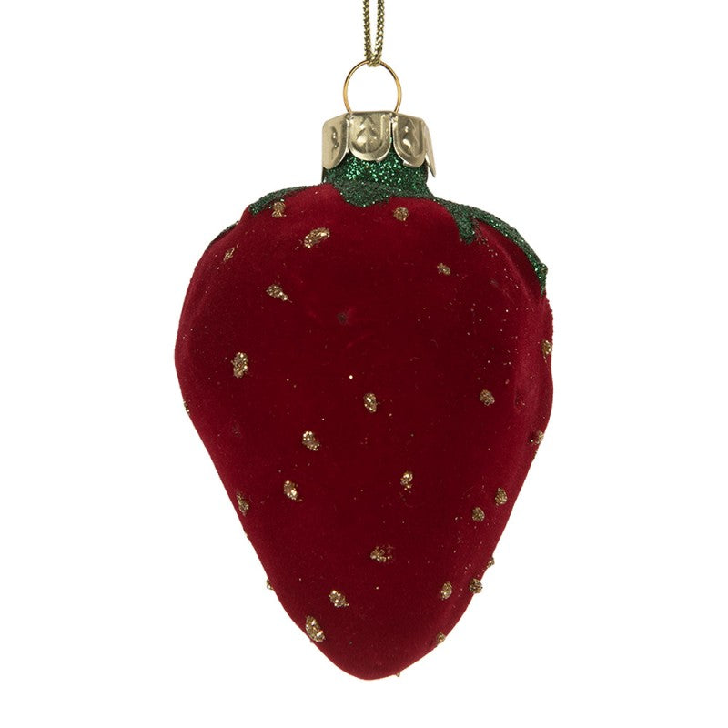 Weihnachtsanhänger Erdbeere Glas samtig rot Glitzer Gold 6x5x8 cm von Clayre & Eef (6GL5250)