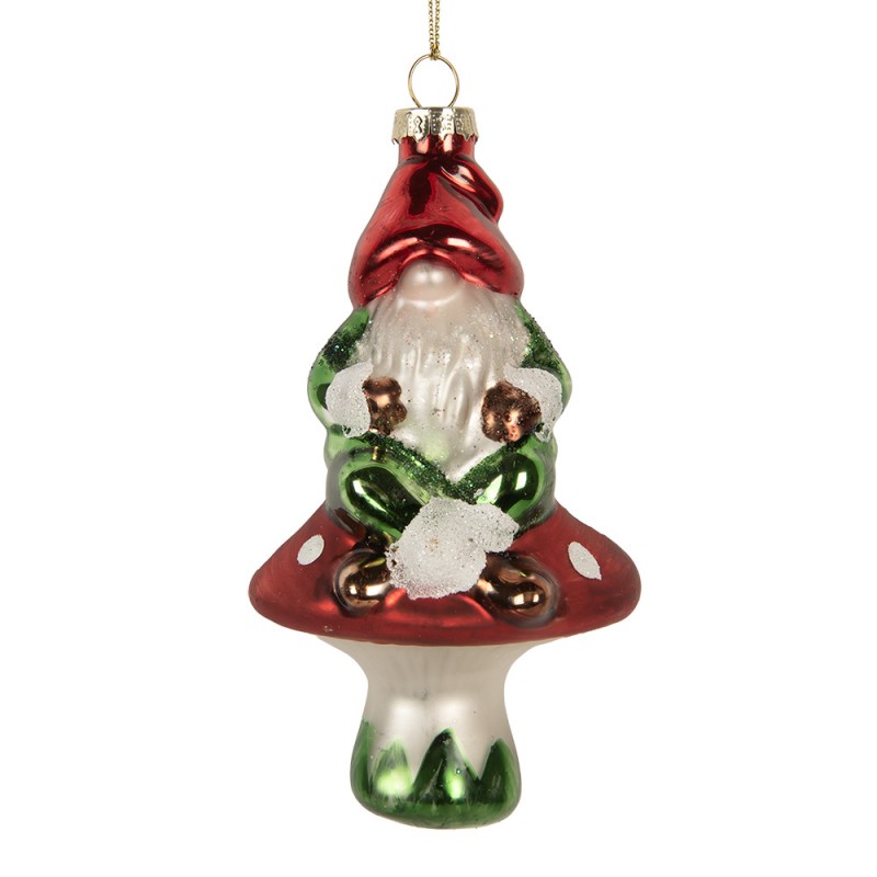 Weihnachtsanhänger Wichtel Zwerg auf Fliegenpilz Glas Rot Grün Weiß 7x6x13 cm von Clayre & Eef (6GL5263)