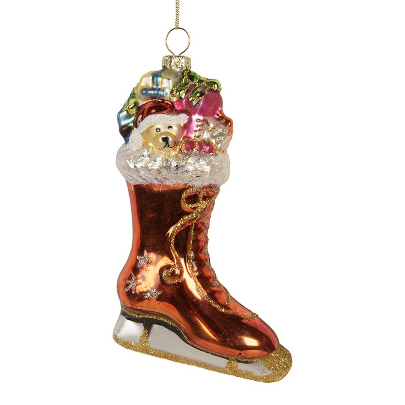 Weihnachtsanhänger Schlittschuh mit Teddybär und Geschenken Glas Kupfer Orange 8x4x13 cm von Clayre & Eef (6GL5267)