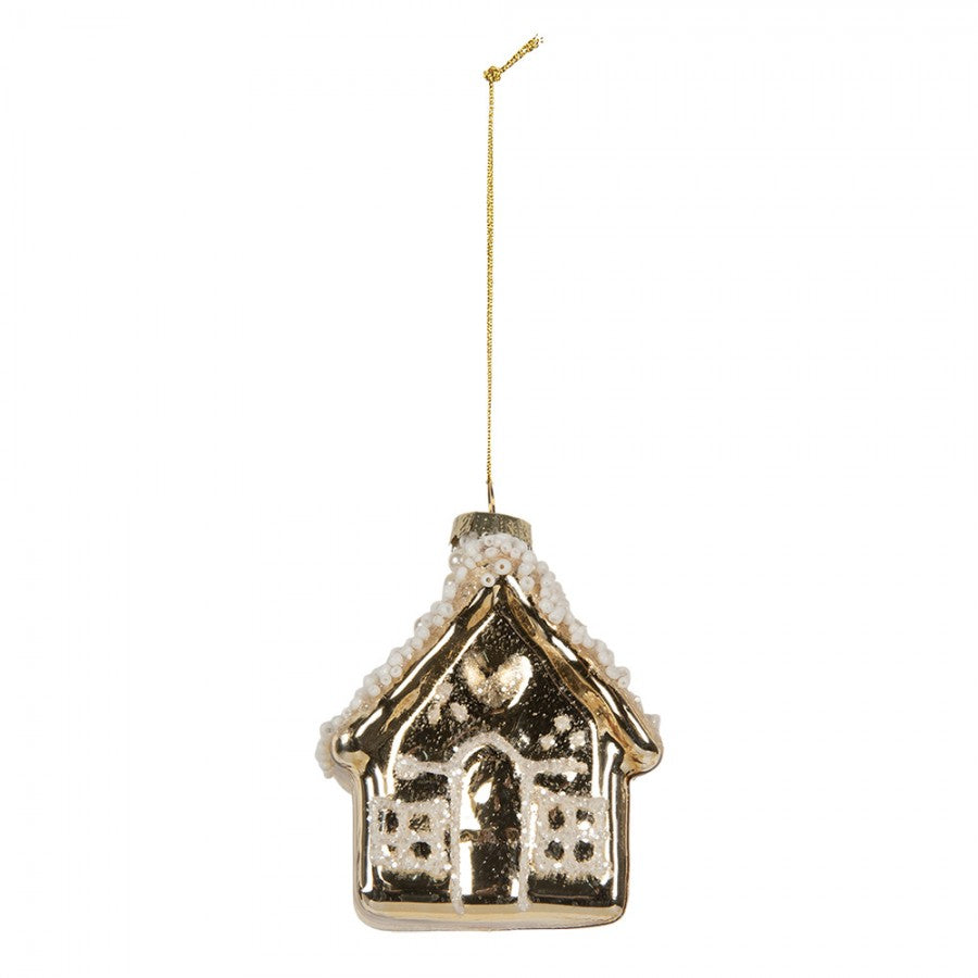Weihnachtsanhänger Haus Winterhaus Glas Gold Perlen Schneeverziert 7x7x9 cm von Clayre & Eef (6GL5268)