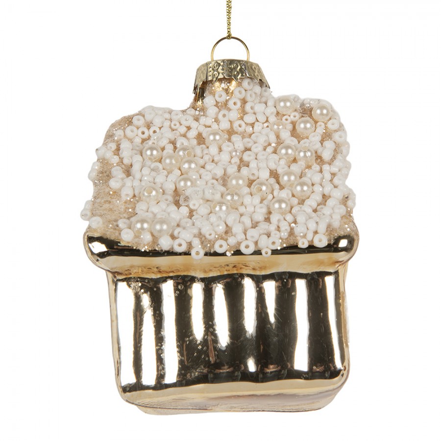 Weihnachtsanhänger Haus Winterhaus Glas Gold Perlen Schneeverziert 7x7x9 cm von Clayre & Eef (6GL5268)
