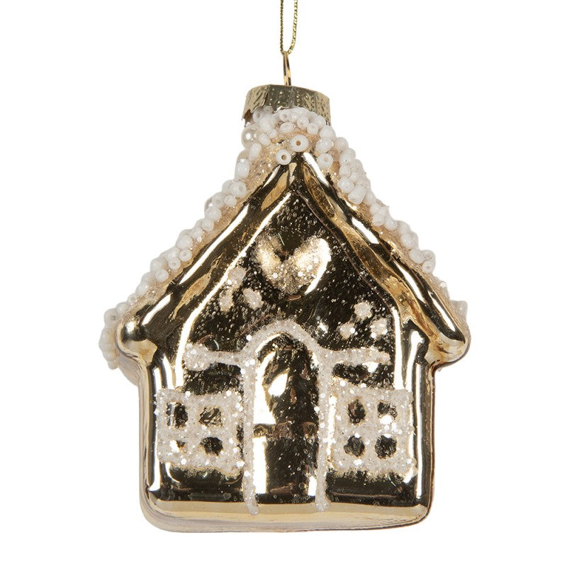 Weihnachtsanhänger Haus Winterhaus Glas Gold Perlen Schneeverziert 7x7x9 cm von Clayre & Eef (6GL5268)