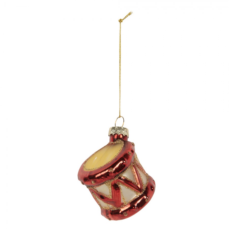 Weihnachtsanhänger Trommel Glas Rot Creme Gold Glitzer Ø 4x5 cm von Clayre & Eef (6GL5279)