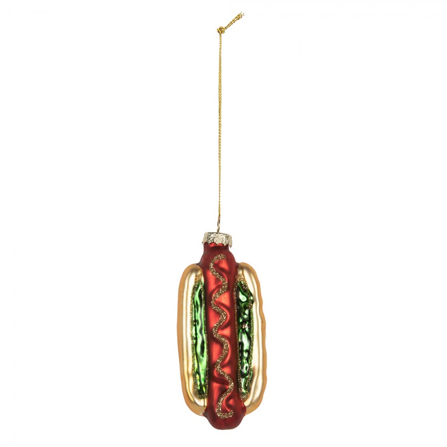 Weihnachtsanhänger Hot Dog Glas Fast Food Gold Rot Grün Glitzer 4x3x10 cm von Clayre & Eef (6GL5297)