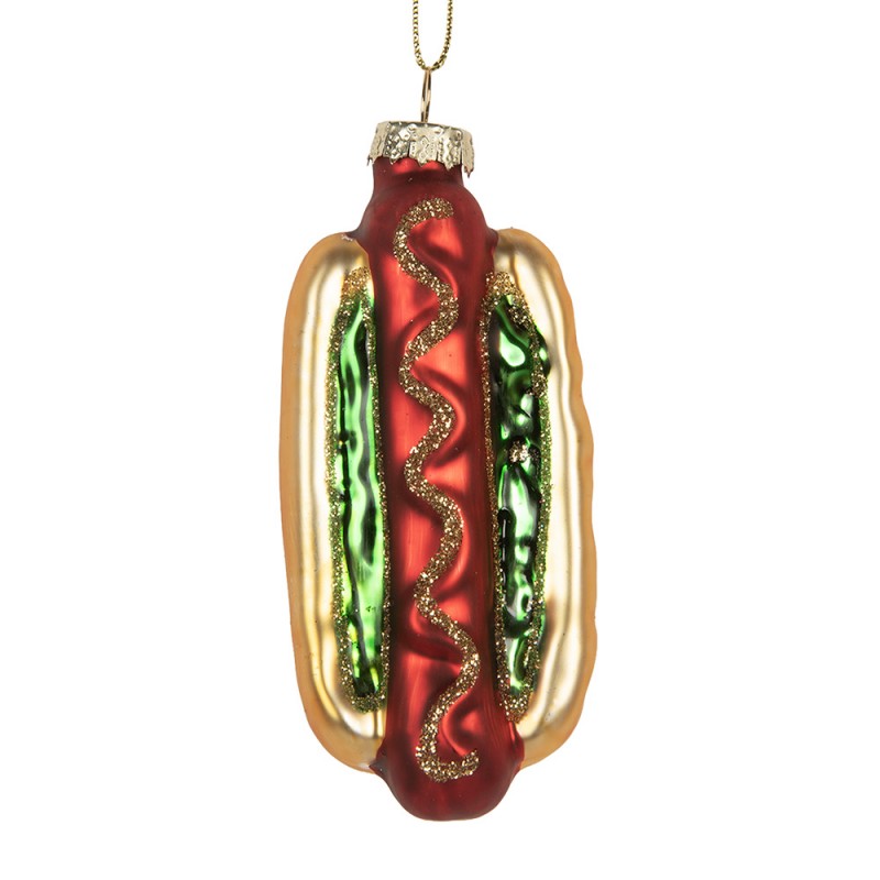 Weihnachtsanhänger Hot Dog Glas Fast Food Gold Rot Grün Glitzer 4x3x10 cm von Clayre & Eef (6GL5297)