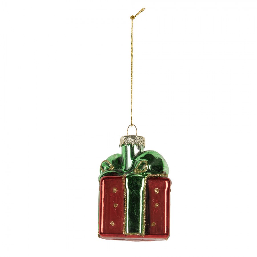 Weihnachtsanhänger Geschenk Päckchen Glas Rot Grün Gold Glitzer 4x4x6 cm von Clayre & Eef (6GL5300)