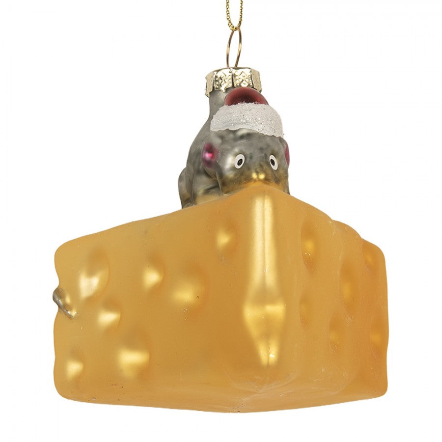 Weihnachtsanhänger Maus auf Käse mit Nikolausmütze Glas Gelb Grau 8x8x8 cm von Clayre & Eef (6GL5305)