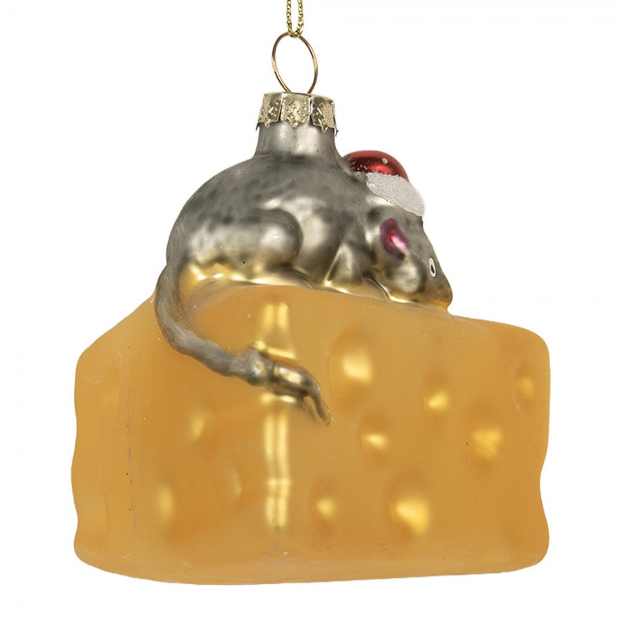 Weihnachtsanhänger Maus auf Käse mit Nikolausmütze Glas Gelb Grau 8x8x8 cm von Clayre & Eef (6GL5305)