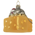 Weihnachtsanhänger Maus auf Käse mit Nikolausmütze Glas Gelb Grau 8x8x8 cm von Clayre & Eef (6GL5305)