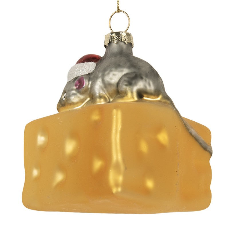 Weihnachtsanhänger Maus auf Käse mit Nikolausmütze Glas Gelb Grau 8x8x8 cm von Clayre & Eef (6GL5305)