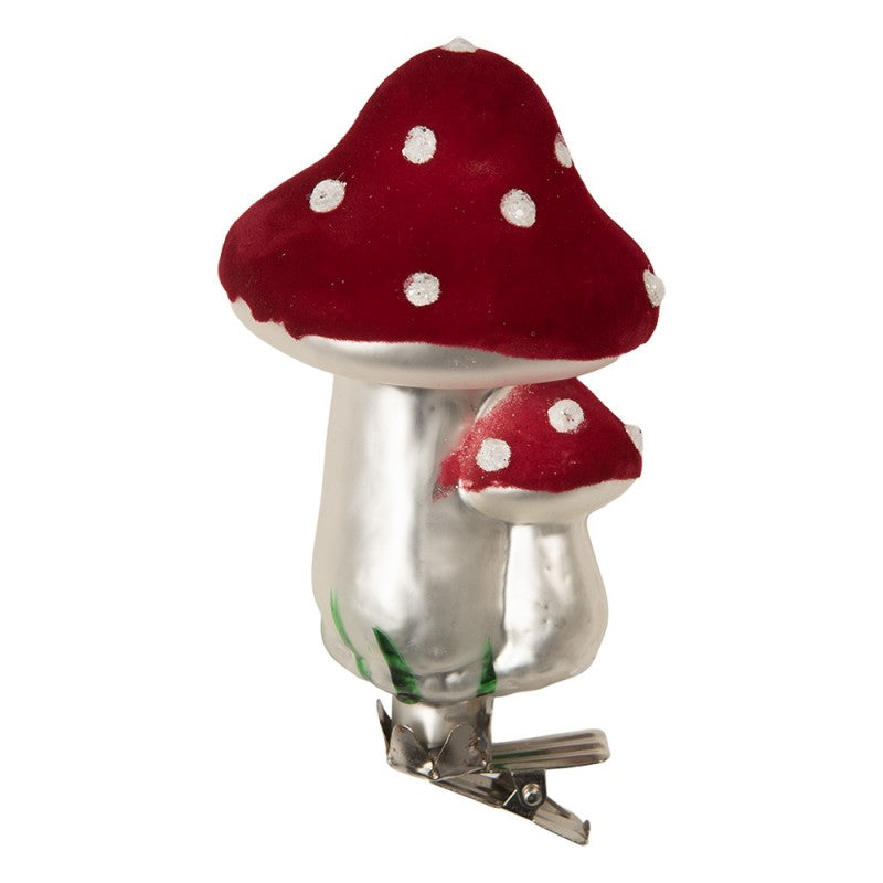 Glas-Weihnachtsschmuck Doppelpilz Samt-Rot Bauernsilber Ø 6x11 cm Clip von Clayre & Eef (6GL5307)