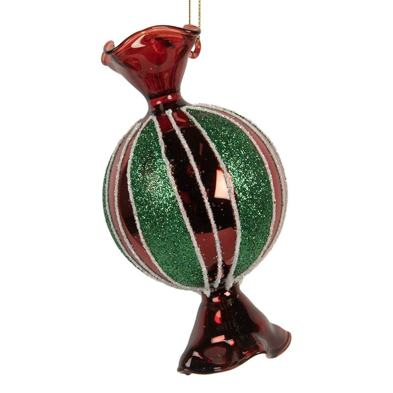 Weihnachtsanhänger Bonbon rund Glas Rot Grün Glitzer 7x7x12 cm von Clayre & Eef (6GL5319)