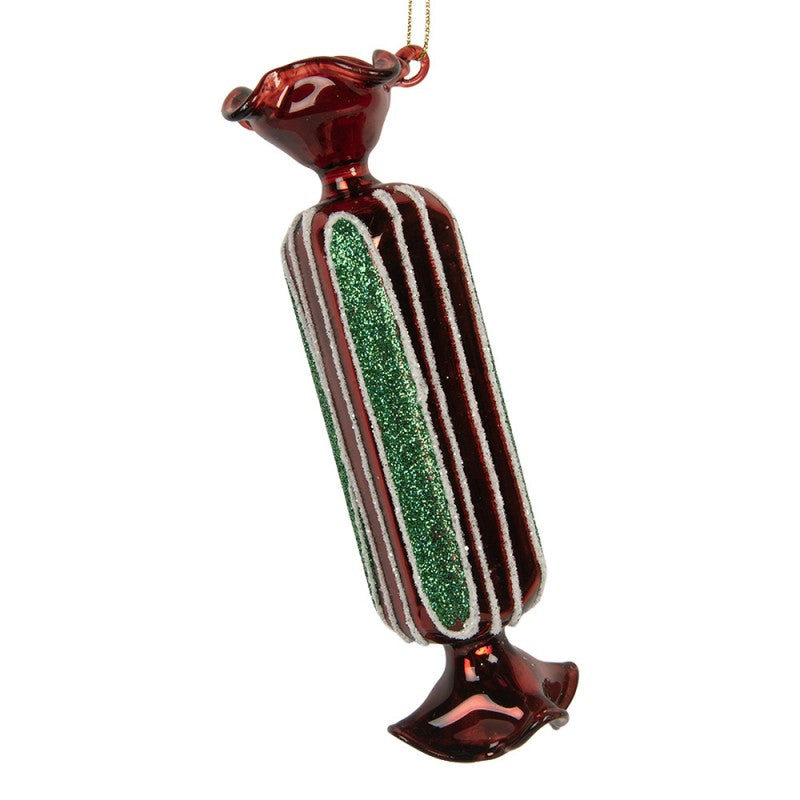 Weihnachtsanhänger Bonbon lang Glas Rot Grün Glitzer Ø 4x15 cm von Clayre & Eef (6GL5320)
