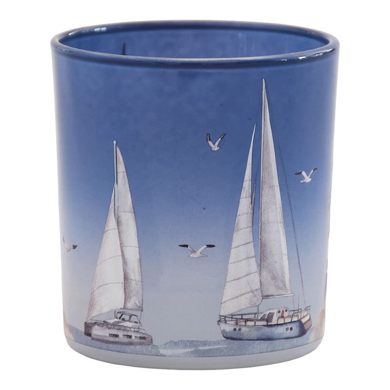 Clayre & Eef Teelichthalter Maritim Segelboote Segelschiff Möwen Ozeanblau Ø 7x8 cm (6GL5375)