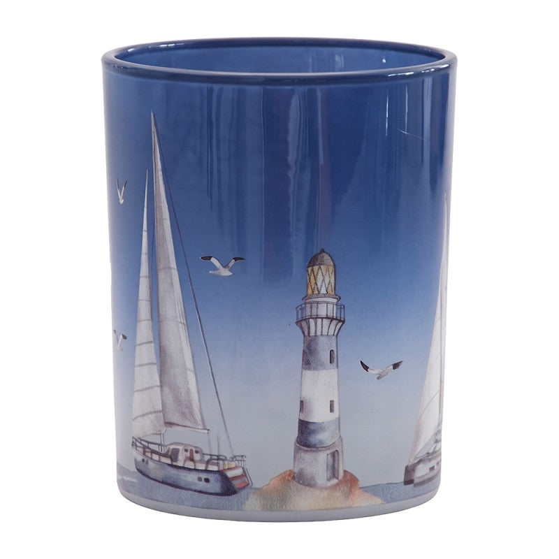 Clayre & Eef Teelichthalter Maritimes Windlichtglas Leuchtturm Segelboote Moewen Kuestenblau Ø 10x13 cm (6GL5376)