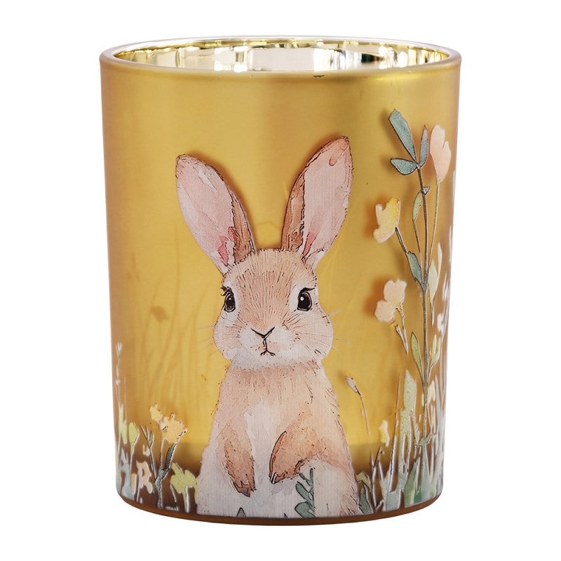 Clayre & Eef Teelichthalter Windlicht Zylinder Glas Goldener Hase Fruehlingswiese Innenspiegelung Ø 10x13 cm (6GL5379)