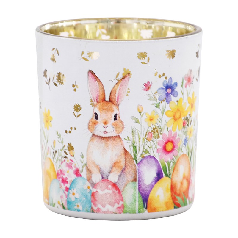 Clayre & Eef Teelichthalter Osterhase Ostereier Frühlingswiese Weiß Gold Ø 7x8 cm (6GL5381)