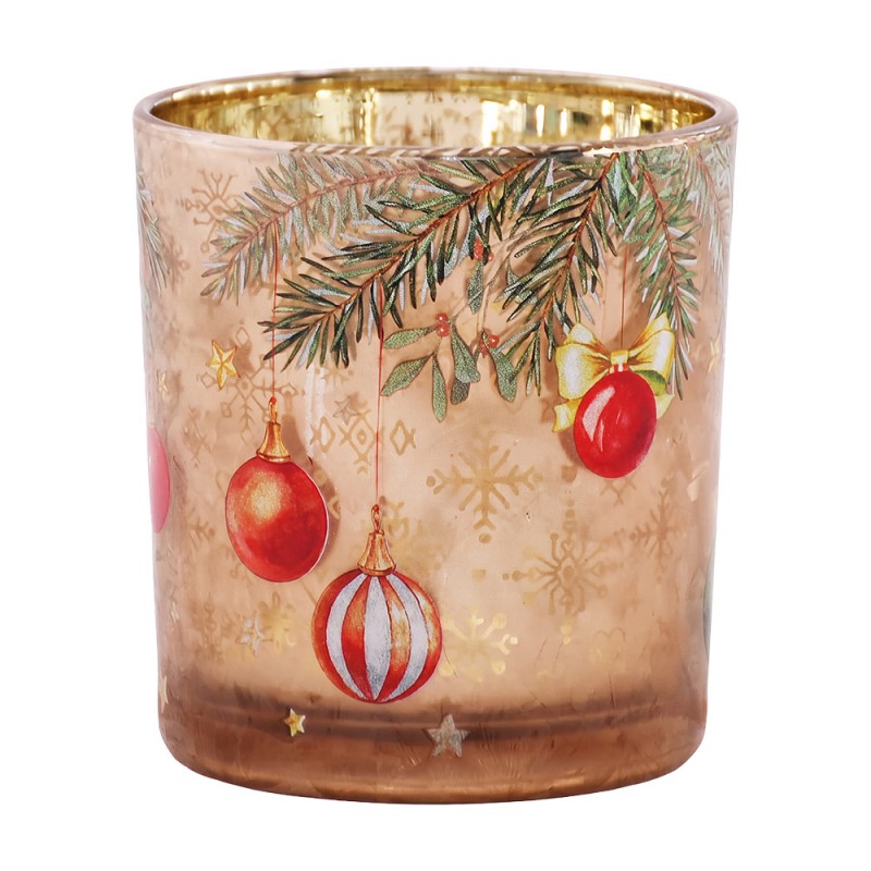 Clayre & Eef Teelichthalter Christbaumzweige Rote Weihnachtskugeln Bernstein Gold Ø 7x8 cm (6GL5387)