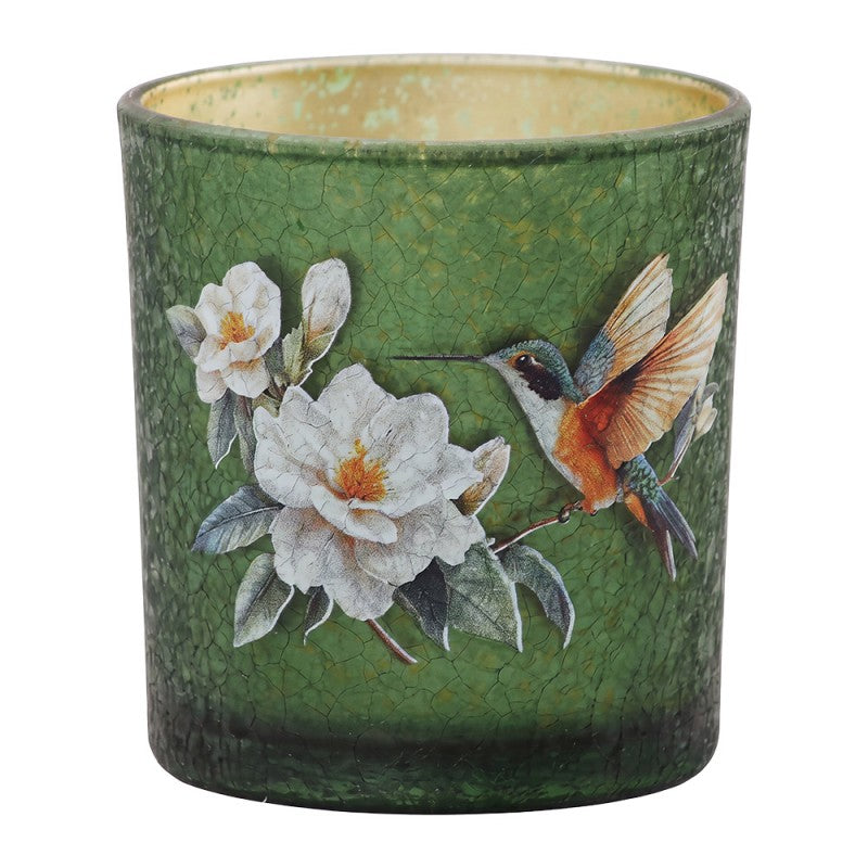 Clayre & Eef Teelichthalter Kolibri Weiße Magnolie Craquelé Moosgrün Gold Ø 7x8 cm (6GL5393)