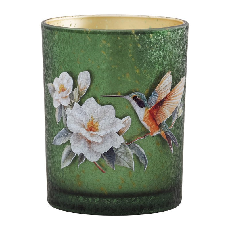 Clayre & Eef Teelichthalter Windlicht Zylinder Glas Smaragdgruen Kolibri Weisse Blueten Goldspiegel Ø 10x13 cm (6GL5394)