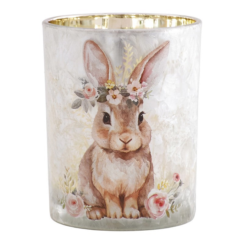 Clayre & Eef Teelichthalter Hase Blumenkranz Shabby Chic Eisgrau Gold Ø 7x8 cm (6GL5396)