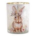 Clayre & Eef Teelichthalter Windlicht Zylinder Glas Silbergrau Hase mit Bluetenkranz Shabby Chic Ø 10x13 cm (6GL5397)