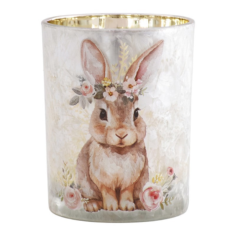 Clayre & Eef Teelichthalter Windlicht Zylinder Glas Silbergrau Hase mit Bluetenkranz Shabby Chic Ø 10x13 cm (6GL5397)
