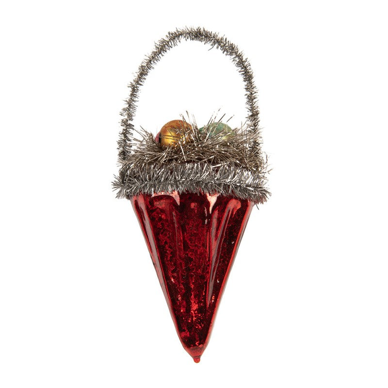 Weihnachtsanhänger Spitztüte Füllhorn mit Lametta und Glaskugeln Glas Rot Silber Ø 7x10 cm von Clayre & Eef (6GL5405)