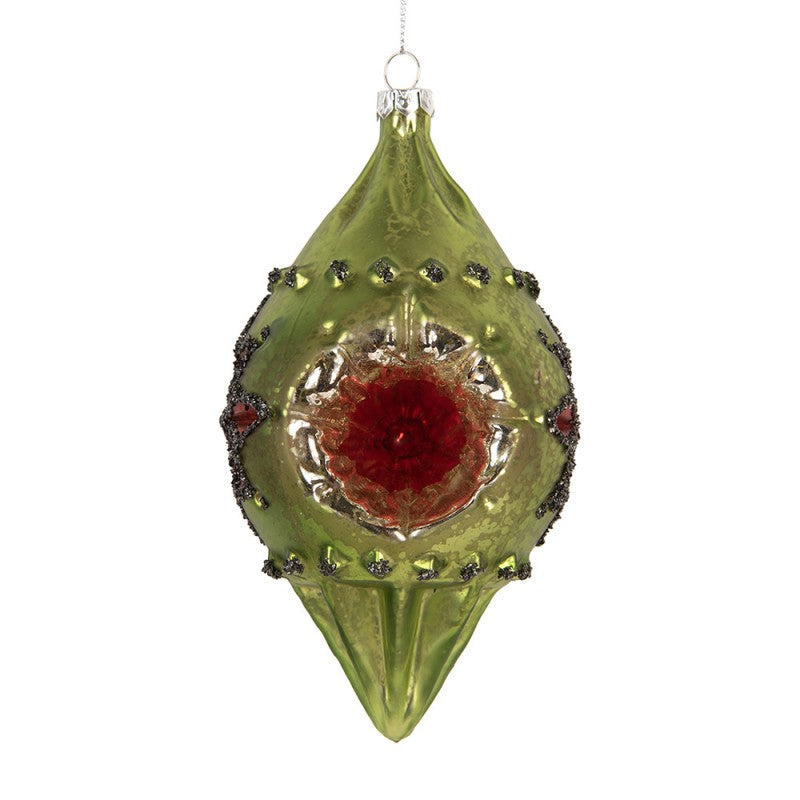 Clayre & Eef Christbaumanhänger „Formzapfen“ aus Glas in Grün-Rot reliefiert, 8x7x15 cm (6GL5409)