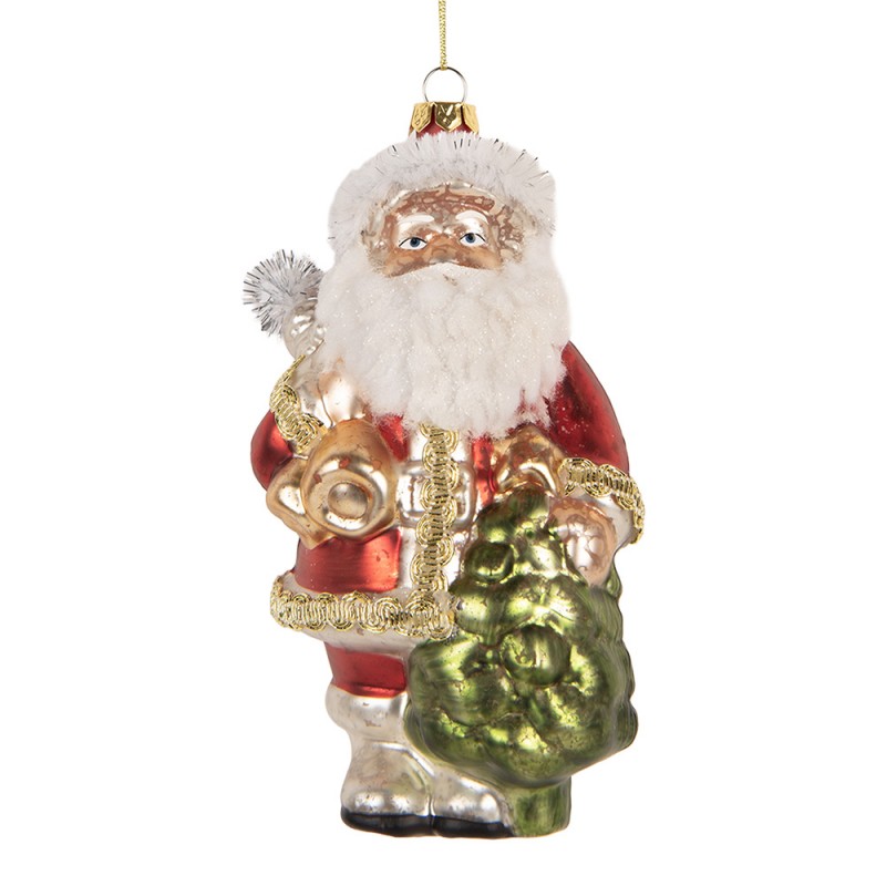 Weihnachtsanhänger Weihnachtsmann mit Tannenbaum und Plüschbart Glas Rot Gold 8x7x14 cm von Clayre & Eef (6GL5410)