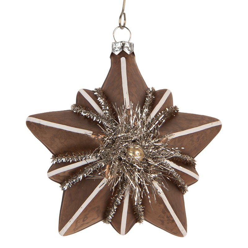 Weihnachtsanhänger Stern mit Lametta und Reliefstreifen Glas Mokka Bronze Weiß 10x8x9 cm von Clayre & Eef (6GL5422)