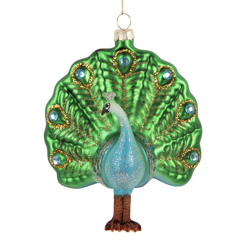 Weihnachtsanhänger Pfau mit Rad und Schmucksteinen Glas Grün Türkis 10x5x12 cm von Clayre & Eef (6GL5439)