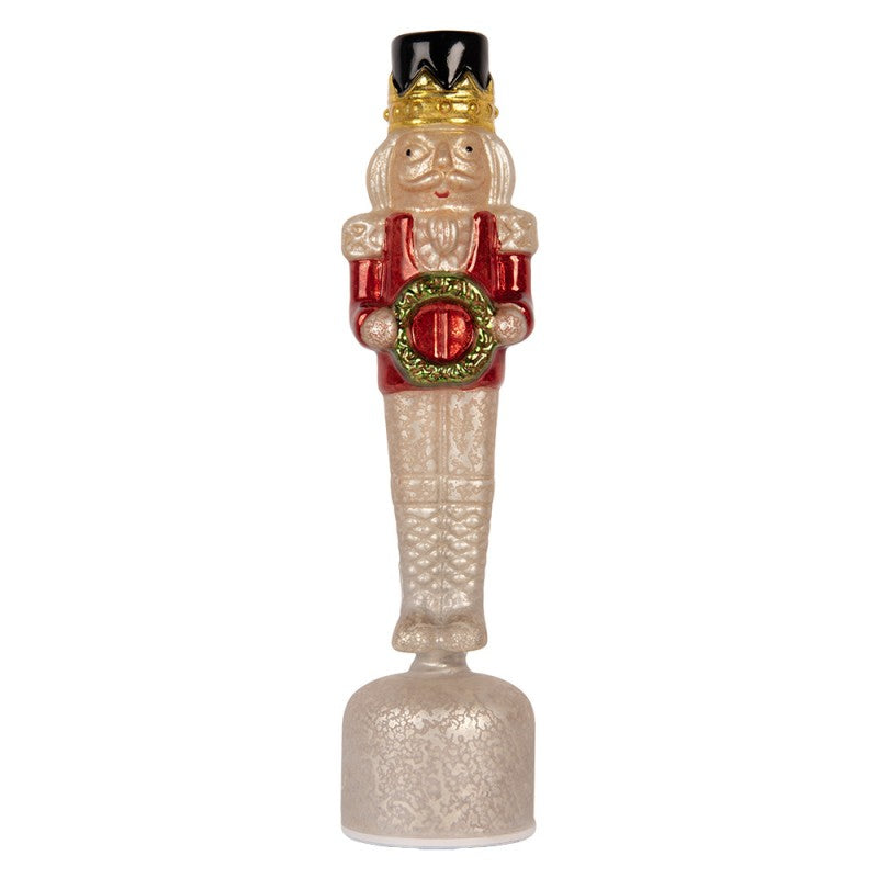 Weihnachtsfigur Nussknacker-König mit Kranz Bauernsilber Rot-Silber Glas 10x10x37 cm von Clayre & Eef (6GL5455)
